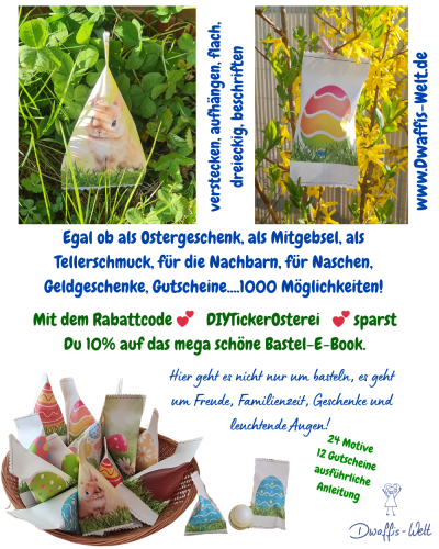 Diese Ostereier machen mehrfach Spaß.<br />
Beim Basteln und Befüllen, beim Suchen und Finden, beim Aufreissen und beim Verschenken.<br />
Außerdem sind sie superschnell gebastelt, verschiedenen Formen und aufhängen möglich<br />
Hol DIr die Vorlage am besten direkt!