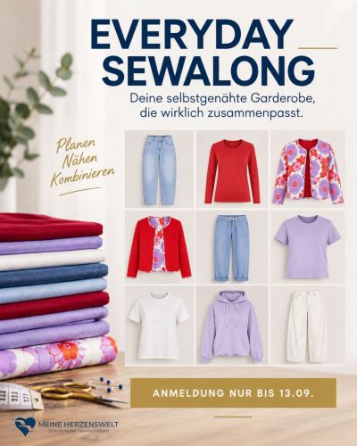 Du nähst wunderschöne Einzelstücke, aber am Ende fehlt die passende Kombination? Im Everyday SewAlong planst du eine kleine, alltagstaugliche Garderobe, deren Teile zusammenpassen und anschließend nähen wir sie gemeinsam. Anmeldung bis 13.09.